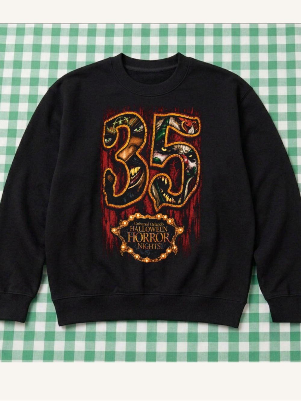 Gildan Black Halloween Crewneck Sweatshirt, '35' Halloween Horror Nights Graphic
